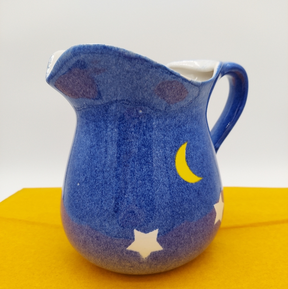 Handpainted Sun Moon Stars Pitcher Blue Yellow Mexico Mexican Pottery Vase